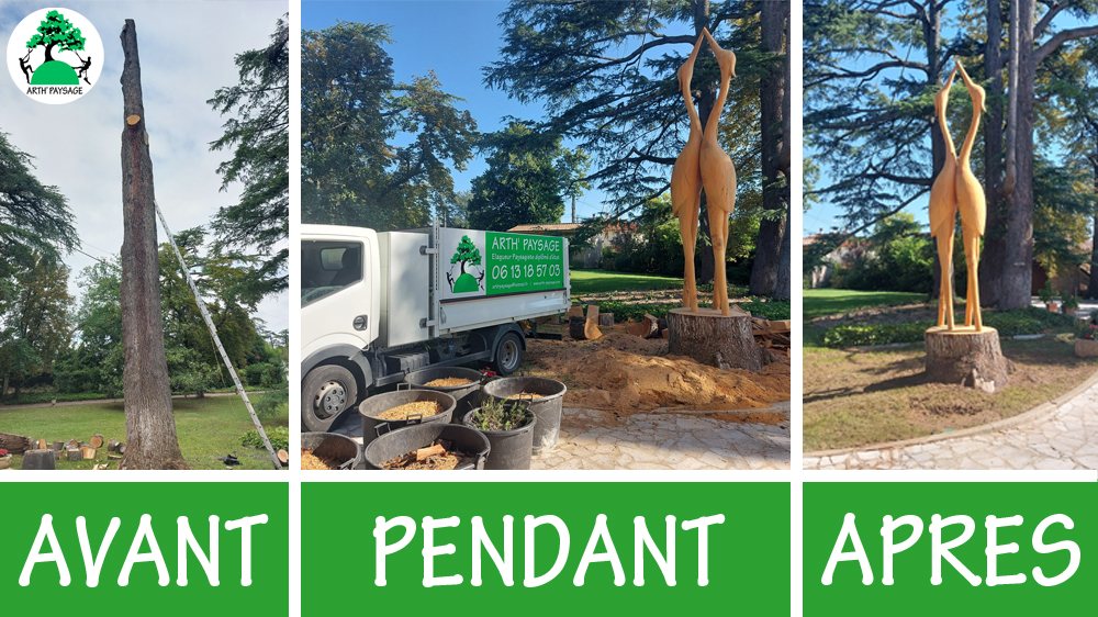 Sculpture sur souche — grues en bois